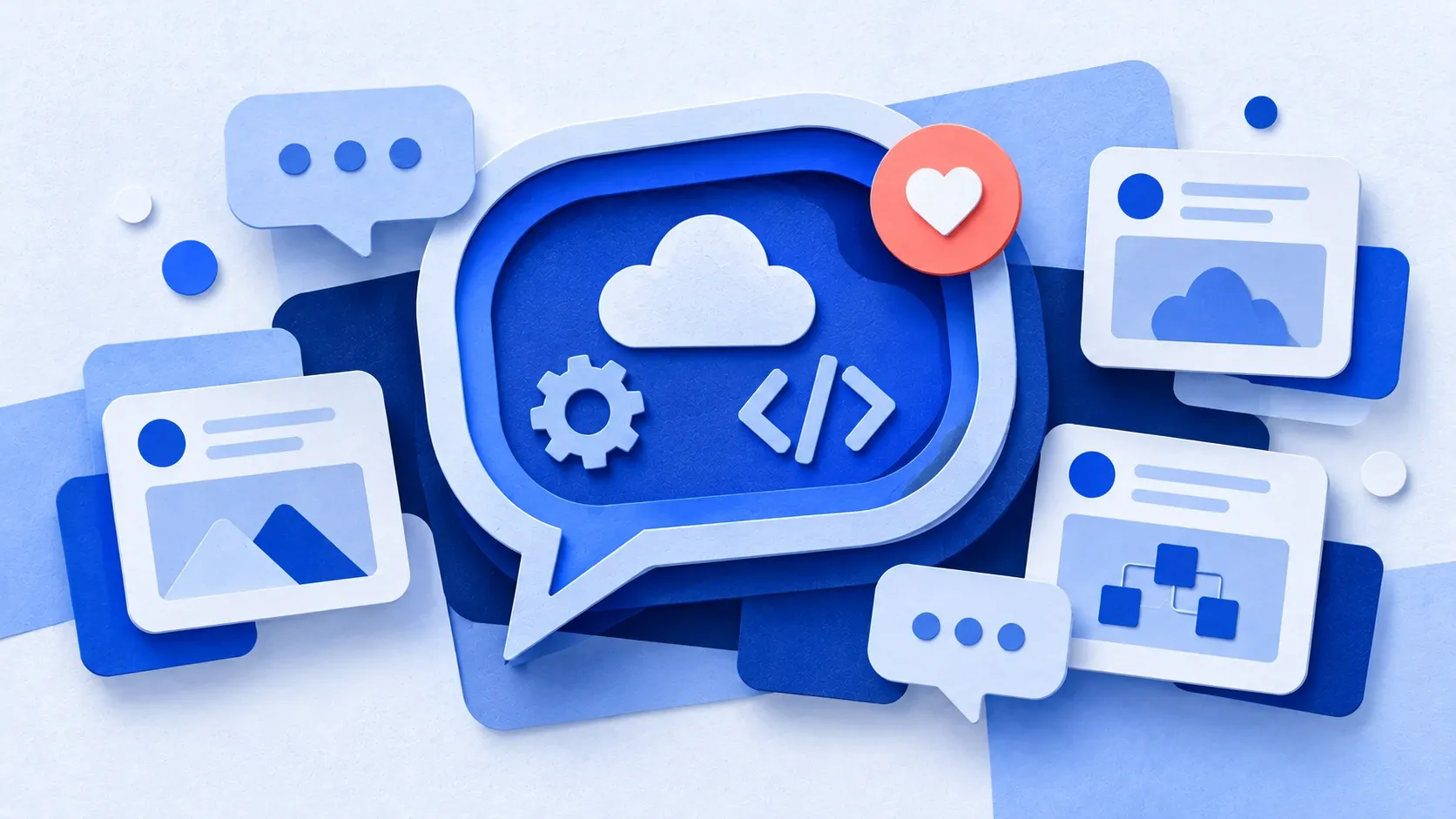 Sprechblase mit Cloud, Zahnrad und Code-Klammern, umgeben von Feed-Karten