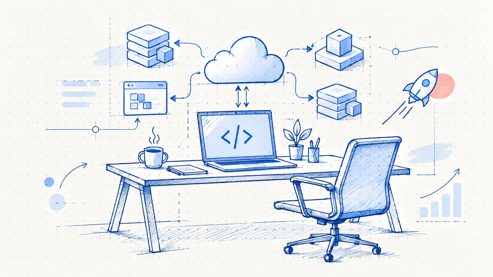 Skizze: Schreibtisch mit Laptop, Cloud und Modulen, freier Stuhl
